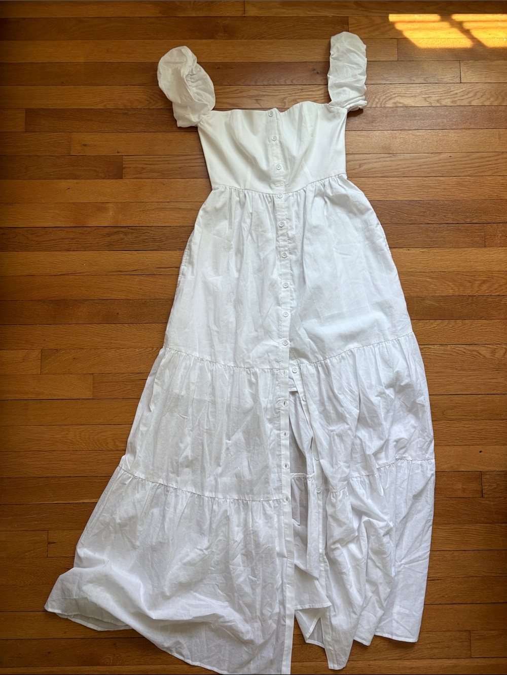 Hale Bob White Puff-Sleeve Button-Front Maxi Dress with lining